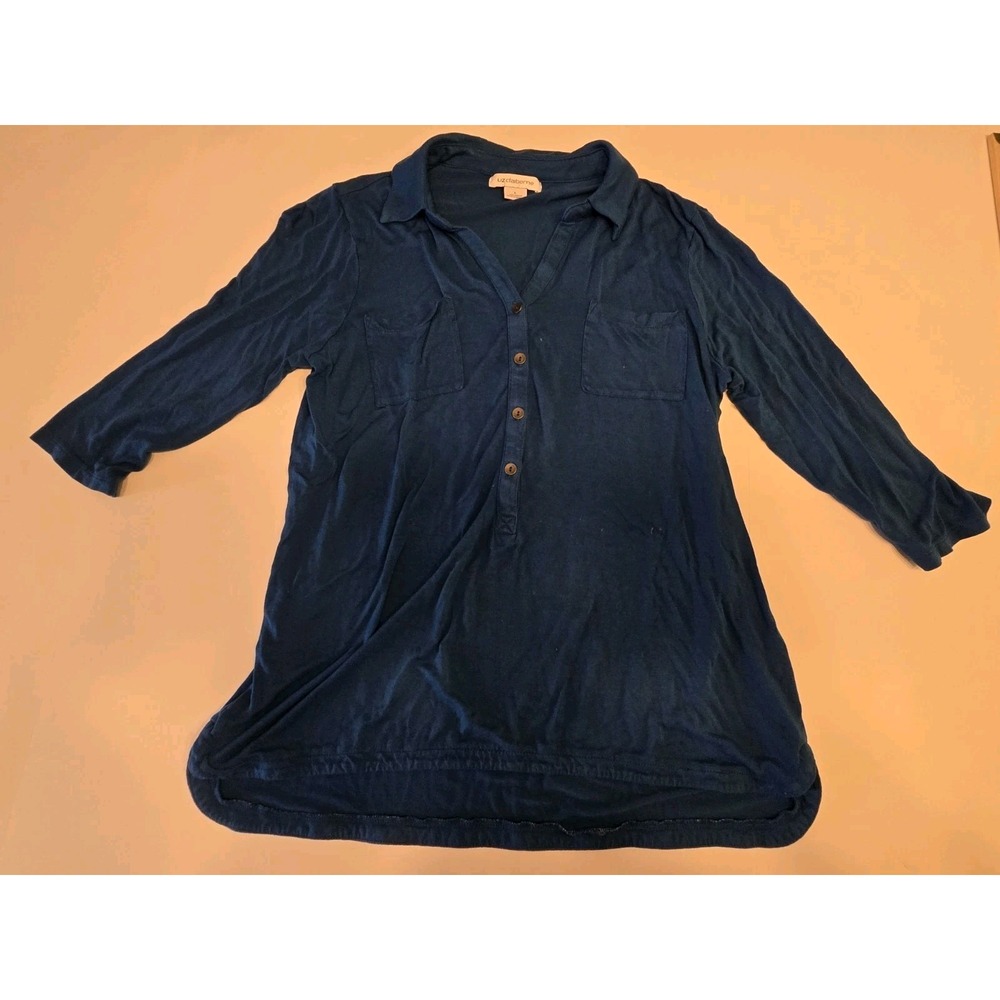Liz Claiborne Blouse Size Large Blue‎ Buttons Collared Top 3/4 Sleeve